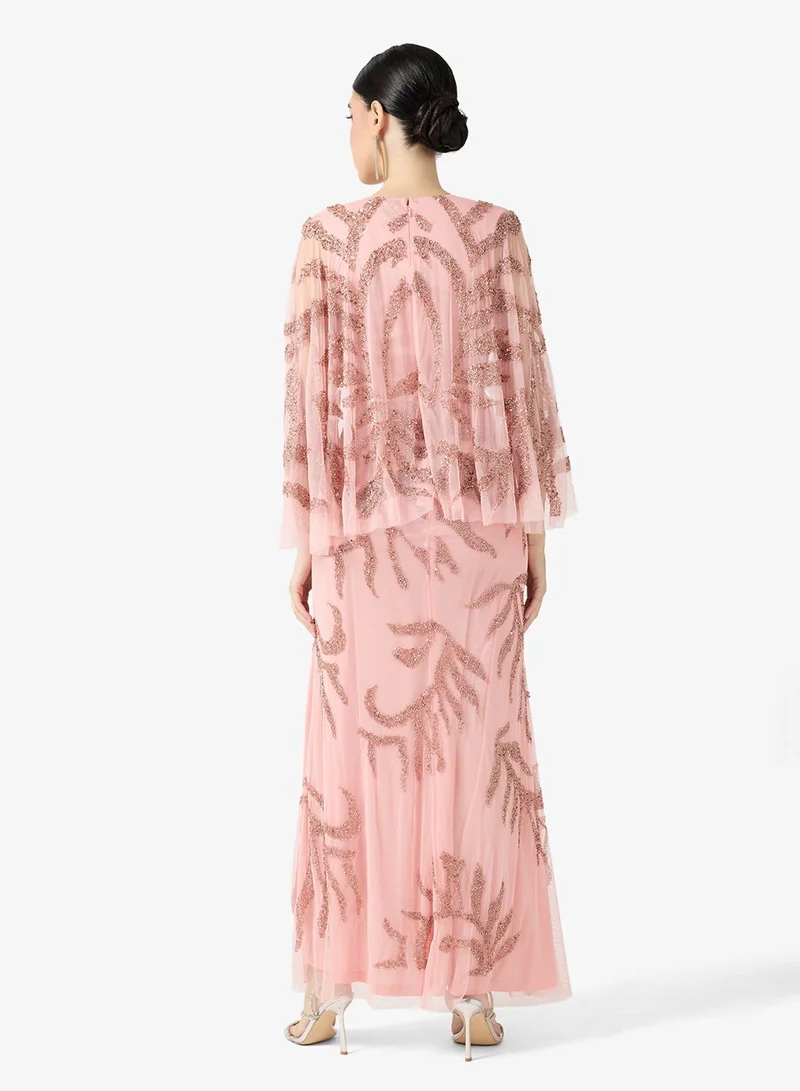 Amelia Rose Crew Neck Flared Sleeve Asymmetric Midi Dress